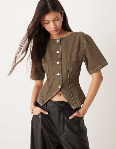 Top sans col en jean  manches courtes et taille cintre - olive - Asos Design - Modalova