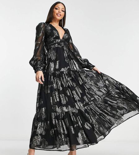 ASOS DESIGN Tall - Robe mi-longue effet métallisé avec liens noués au dos et manches bouffantes - Asos Tall - Modalova