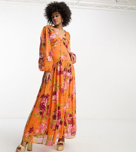 ASOS DESIGN Tall - Robe longue boutonnée à nervures avec empiècements en dentelle et imprimé à fleurs - Orange - Asos Tall - Modalova