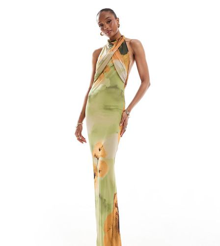 ASOS DESIGN Tall - Robe portefeuille longue sans manches en tulle à fleurs - Vert et orange - Asos Tall - Modalova