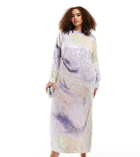 Curve - Robe longue à sequins et manches longues avec imprimé abstrait - Pastel - Asos Edition - Modalova