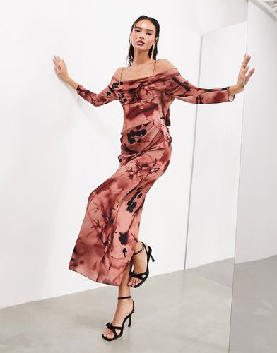 Robe longue effet drapé à manches longues et encolure bardot avec imprimé fleuri roses - Asos Edition - Modalova