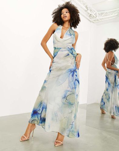 Robe longue transparente à col bénitier et imprimé aquarelle - Bleu - Asos Edition - Modalova