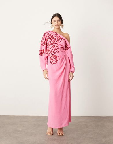 Robe mi-longue effet drapé avec épaule large et fleurs détourées brodées - Asos Edition - Modalova