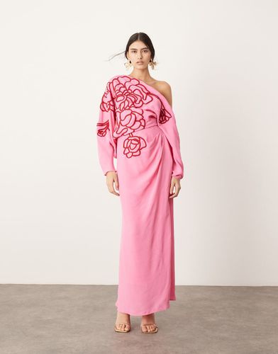 Robe mi-longue effet drapé avec épaule large et fleurs détourées brodées - Asos Edition - Modalova