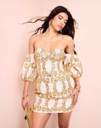 Robe courte à épaules dénudées et manches bouffantes en coton orné de pierres fantaisie - et doré - Asos Luxe - Modalova