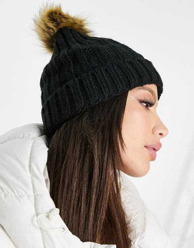 Bonnet noir en laine avec pompon fourrure synthétique sur pression, cadeau  homme, bonnet ski - Un grand marché