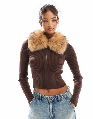 Top en maille zippé à col en fausse fourrure - Marron - Bershka - Modalova