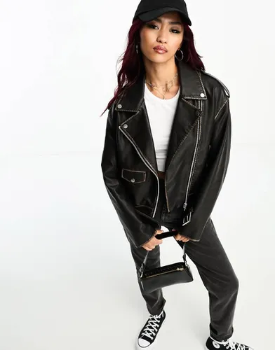 Blouson style motard oversize à détails effet usé - délavé - Bershka - Modalova