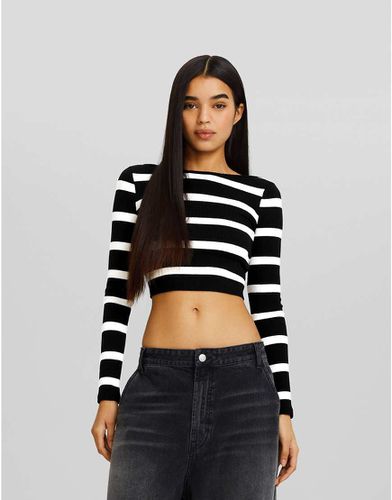 Crop top à manches longues et rayures - Noir et blanc - Bershka - Modalova