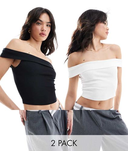 Lot de 2 tops à col Bardot rabattu - et blanc - Bershka - Modalova