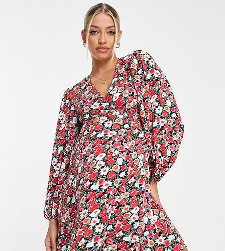 Robe portefeuille avec liens à la taille et imprimé fleurs rétro - Rouge - Glamorous Bloom - Modalova