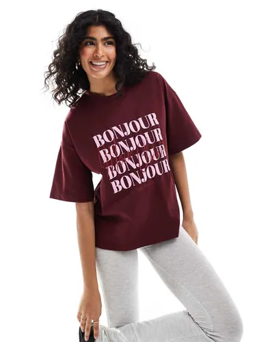 Exclusivité - T-shirt oversize avec logo et inscription Bonjour » - Bordeaux - The Frolic - Modalova