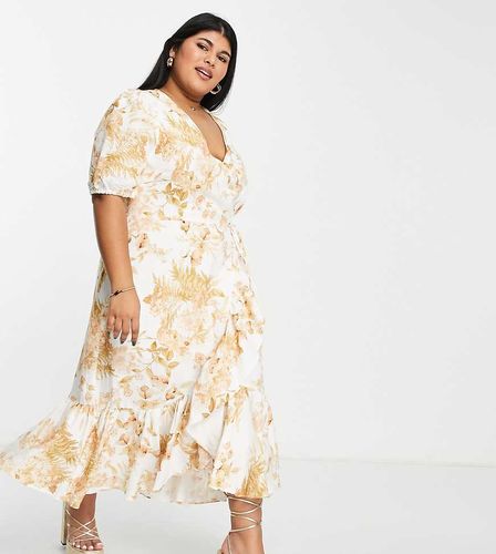 Robe portefeuille mi-longue à manches bouffantes - Ivoire et doré fleuri - Forever New Curve - Modalova