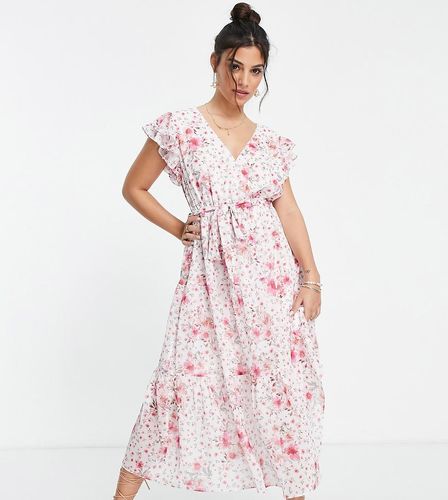 Robe longueur mollet nouée à la taille à fleurs avec épaules volantées - Rose - Forever New Petite - Modalova