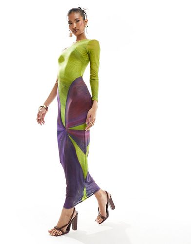 Nyx - Robe moulante longue asymétrique en tulle - Violet et citron vert à fleurs - Farai London - Modalova