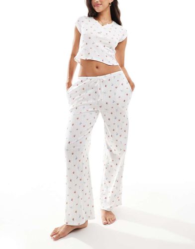 Pantalon de pyjama ample en maille pointelle à assortir - Crème à petites fleurs - Kaiia - Modalova