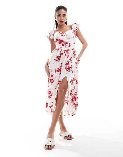 Robe mi-longue à fleurs avec manches évasées et taille en V - Crème - Hollister - Modalova