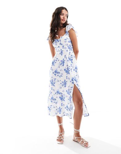 Robe mi-longue avec détail à la taille et manches courtes - Bleu fleuri - Hollister - Modalova