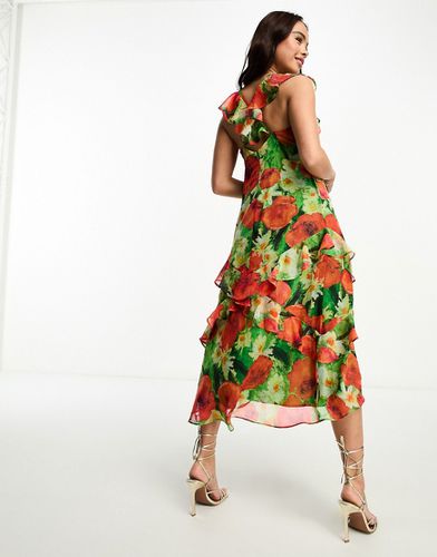 Robe longueur mollet à fleurs avec manches à volants - Vert et rouge - Hope & Ivy - Modalova