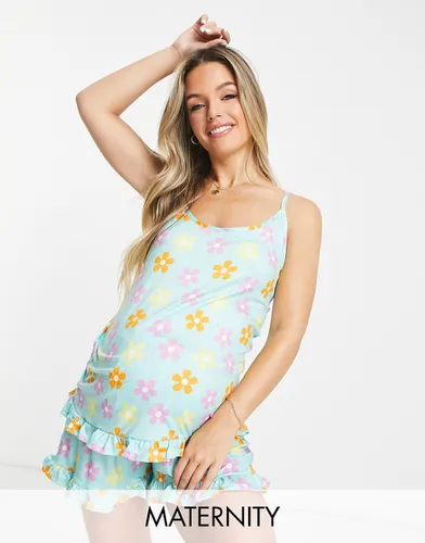 Ensemble de pyjama de grossesse avec caraco et short à volants avec imprimé fleurs rétro - Loungeable - Modalova