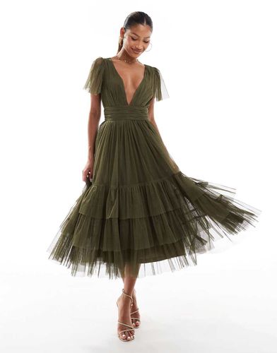 L'invitée - Madison - Robe mi-longue en tulle à col V - Olive foncé - Lace & Beads - Modalova