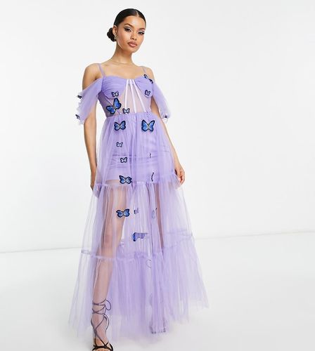 Exclusivité - Robe transparente à corset avec broderie papillons en 3D - Lilas - Lace & Beads Petite - Modalova