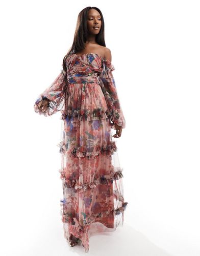 Robe longue en tulle à manches transparentes et volants - Rose à fleurs - Lace & Beads - Modalova