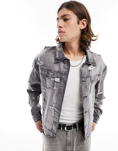 Veste en jean avec détails croix effet usé - délavé - Liquor N Poker - Modalova