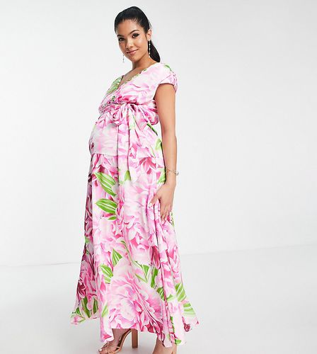 Robe longue à fleurs avec décolleté plongeant sur le devant - Vert et rose - Liquorish Maternity - Modalova