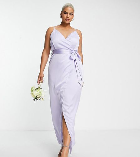 Robe portefeuille longue pour demoiselle d'honneur en satin avec ceinture - Lilas - Liquorish Plus - Modalova