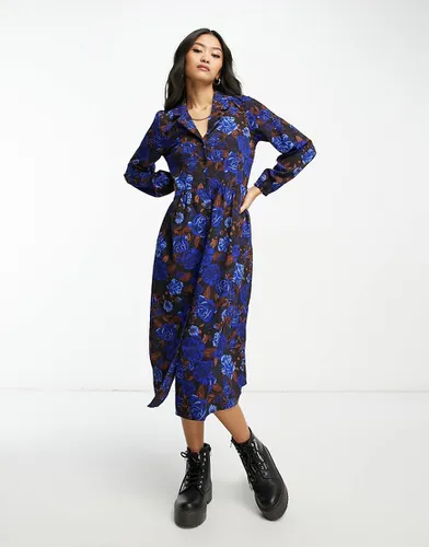 Robe chemise mi-longue à fleurs - Bleu et marron - Monki - Modalova