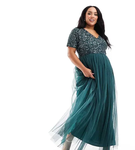 L'invitée - Robe longue en tulle avec manches courtes et sequins délicats ton sur ton - émeraude - Maya Plus - Modalova