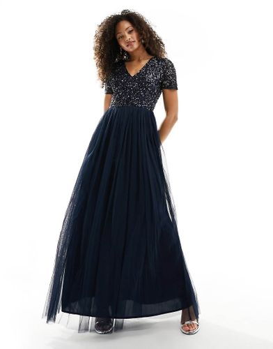 Robe longue de demoiselle d'honneur en tulle à manches courtes et sequins délicats ton sur ton - Maya - Modalova