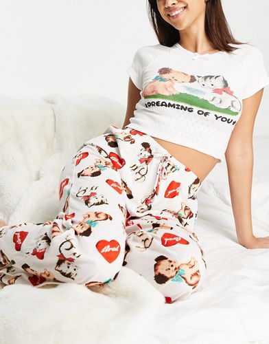 Ensemble de pyjama avec t-shirt et pantalon en maille pointelle avec adorable motif - Crème - New Girl Order - Modalova