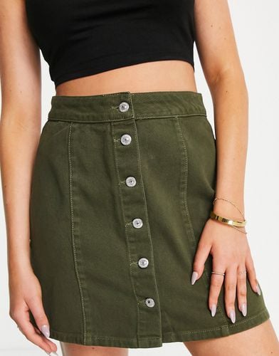 Mini-jupe trapèze en jean boutonnée - Kaki - New Look - Modalova