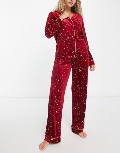 Pyjama long en velours à liseré contrastant et imprimé métallisé - Bordeaux et doré - Night - Modalova
