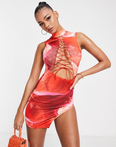Simmi - Robe courte fendue sur le devant en dentelle à imprimé marbre - Orange - Simmi Clothing - Modalova