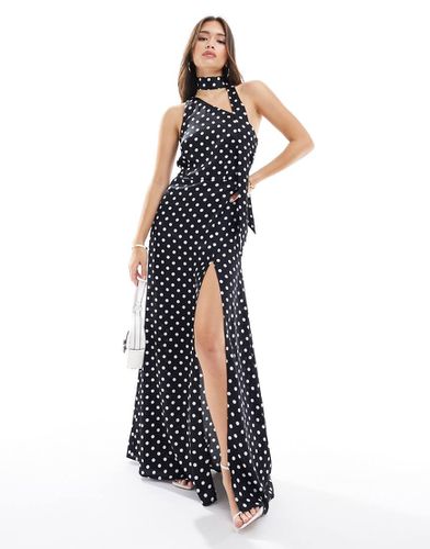 Robe longue asymétrique en satin à pois avec col noué - Noir et blanc - Style Cheat - Modalova