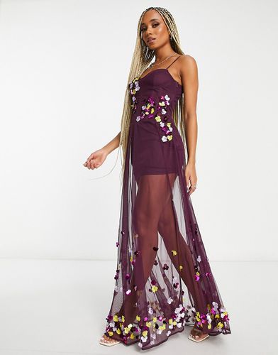 Exclusivité - Robe corset longue ornée de fleurs - Prune - Starlet - Modalova