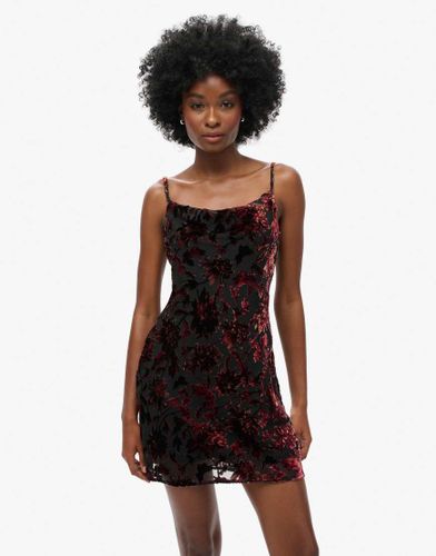 Robe nuisette courte en dévoré à col bénitier - Rouge Merlot fleuri - Superdry - Modalova