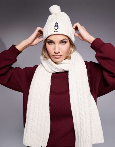 Bonnet en maille torsadée avec pompon et logo ours - Beige - Polo Ralph Lauren - Modalova