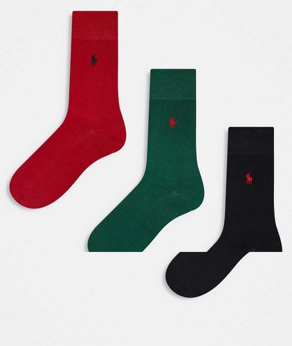 Lot de 3 paires de chaussettes côtelées à logo - Noir, rouge et vert - Polo Ralph Lauren - Modalova