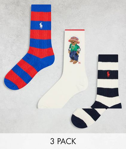 Lot de 3 paires de chaussettes à rayures et logo ours - Polo Ralph Lauren - Modalova