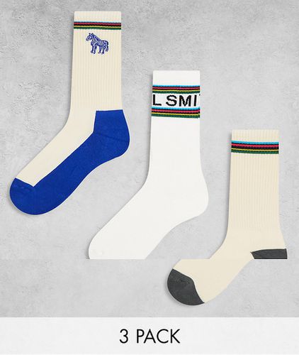 Paul Smith - Lot de 3 paires de chaussettes avec logo à rayures - Crème, et bleu - Ps Paul Smith - Modalova