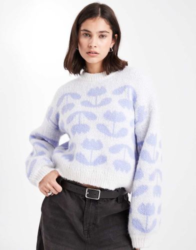 Pull en maille  motif tulipes - Lavande et blanc - Pieces - Modalova