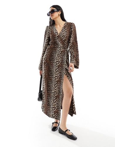 Robe portefeuille mi-longue à manches larges - Imprimé léopard - Pieces - Modalova