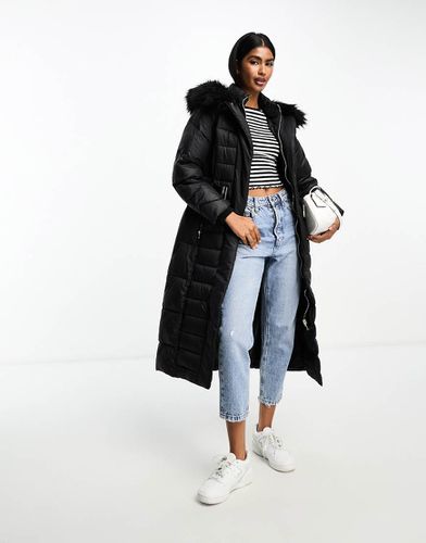 Doudoune longue avec ceinture et capuche avec fausse fourrure - River Island - Modalova