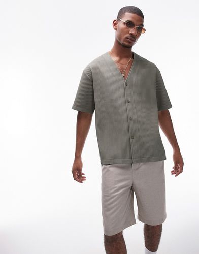 Chemise plissée sans col à manches courtes - Kaki - Topman - Modalova