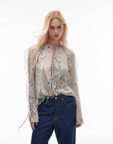 Top transparent à motif fleuri avec manches volantées et liens noués à l'avant - Topshop - Modalova